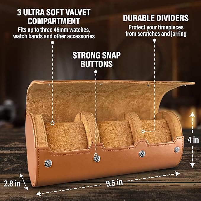 Barton Leather Watch Roll for 3 Watches | Convenient Organizer Case for Travel - Image 3