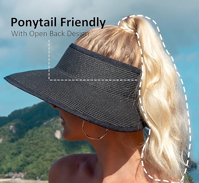 Joywant Womens Sun Visor Hats, Packable Wide Brim Ponytail Beach Hat Straw - Image 5