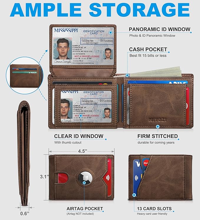 Airtag Wallet for Men, with Cash Pocket 2 ID Window 13 Cards, Slim Leather - Image 2