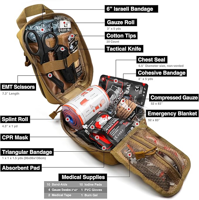Survival First Aid Kit with Israeli Bandage, Chest Seal, Tactical Military - Image 4