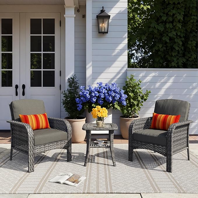 HOOOWOOO Patio Furniture Set, 3 Pieces Outdoor Conversation Set, All Weather by DesignforBetterLife