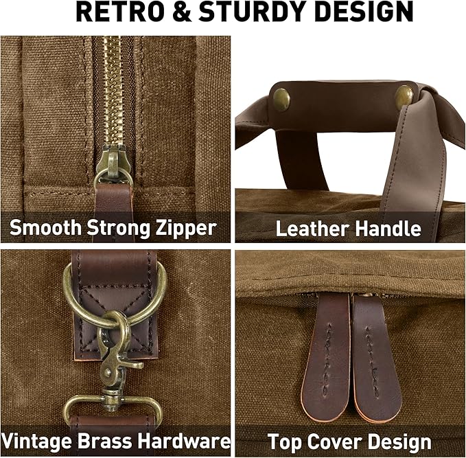 60L Travel Bags for Men, Nomad Washed Canvas Duffle Bag Vintage Genuine Leather - Image 5