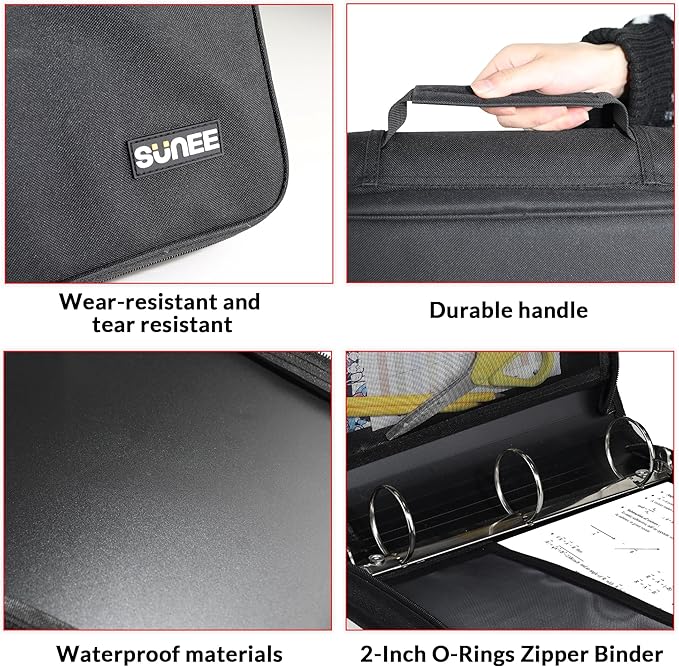 SUNEE Zippered Binder Bag with Handle, 2-Inch 3-Ring O-Ring, 500-Sheet Capacity - Image 5