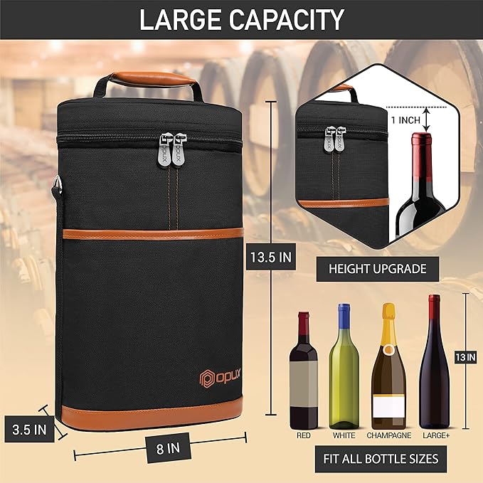 opux 2 Bottle Wine Carrier Tote, Insulated Leakproof Wine Cooler Bag, Wine - Image 3