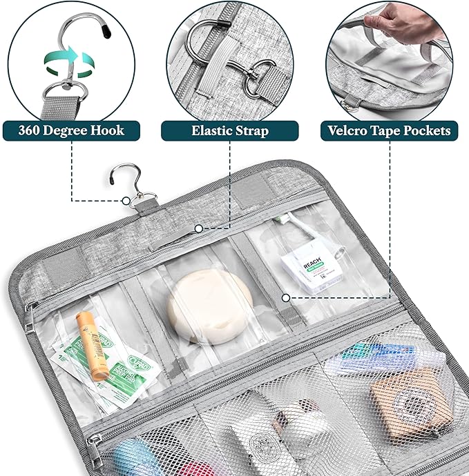 PAVILIA Hanging Toiletry Bag Women Men, Travel Kit Foldable Large Toiletries - Image 3