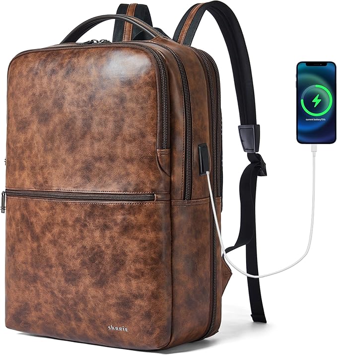 Vegan Leather Laptop Backpack for Women&Men, 16 Inch Expandable Backpack by Shrrie