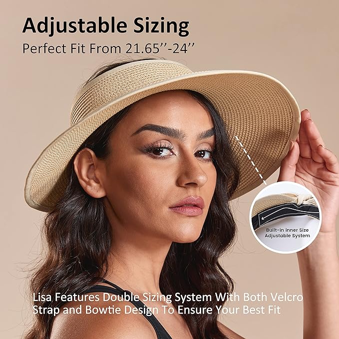 Joywant Womens Sun Visor Hats, Packable Wide Brim Ponytail Beach Hat Straw - Image 4