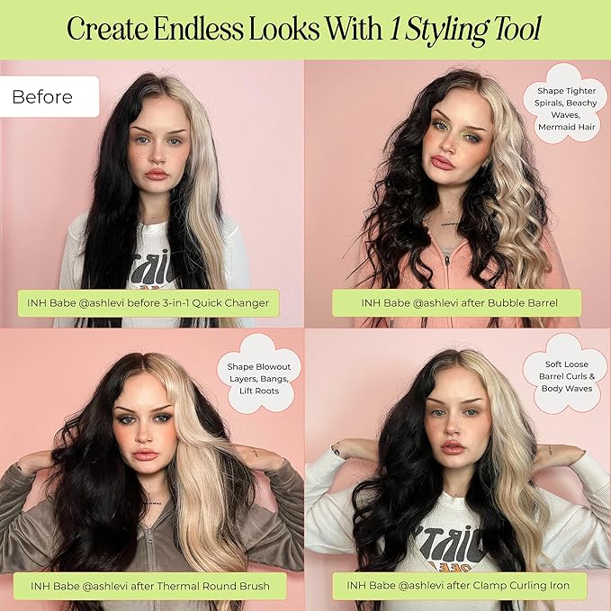 INH Hair 3-in-1 Quick Change Styler | Interchangeable Styling Tool with 3 Detachable Heads: Thermal Round Brush, Clamp Curling Iron, and Bubble Barrel