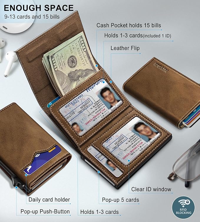 Wallet for Men, with Cash Pocket 2 ID Window 9-13 Cards, Metal Case Smart Slim - Image 2