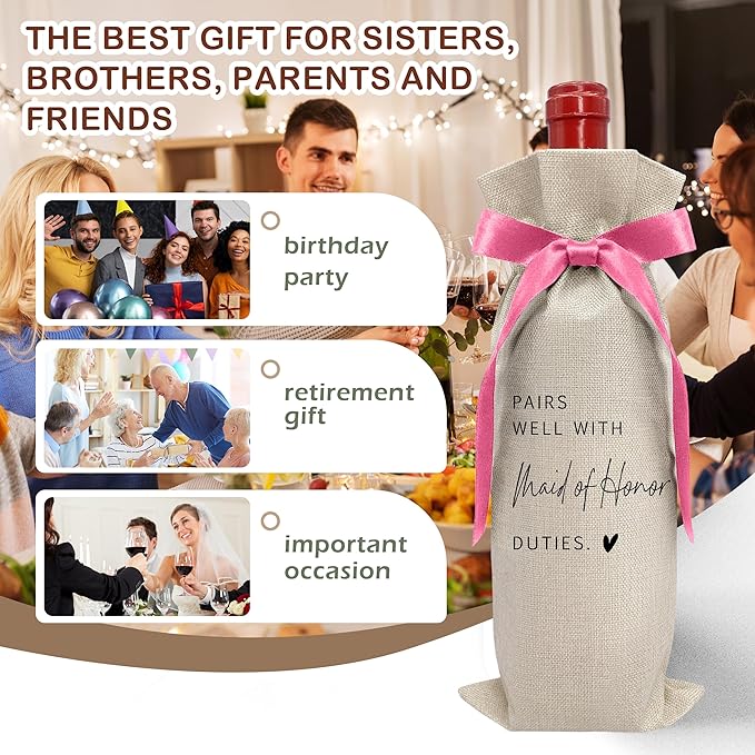Cute Pink Bow Ribbon Engagement Gift Wine Bag - 1 PCS Bride to Be Gifts for Bridesmaids Bride and Groom Couples Her Him Will You Be My Bridesmaid for Getting Married Engagement Bridal Shower - A51
