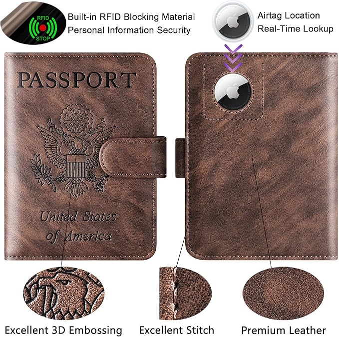 Airtag Passport Holder Cover Wallet Travel Essentials Leather Rfid Blocking - Image 3