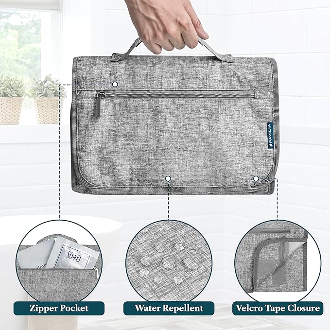 PAVILIA Hanging Toiletry Bag Women Men, Travel Kit Foldable Large Toiletries - Image 5