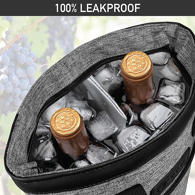 opux Two Bottle Wine Bag Carrier Tote, Insulated Leakproof 2 Bottle Wine Cooler - Image 6