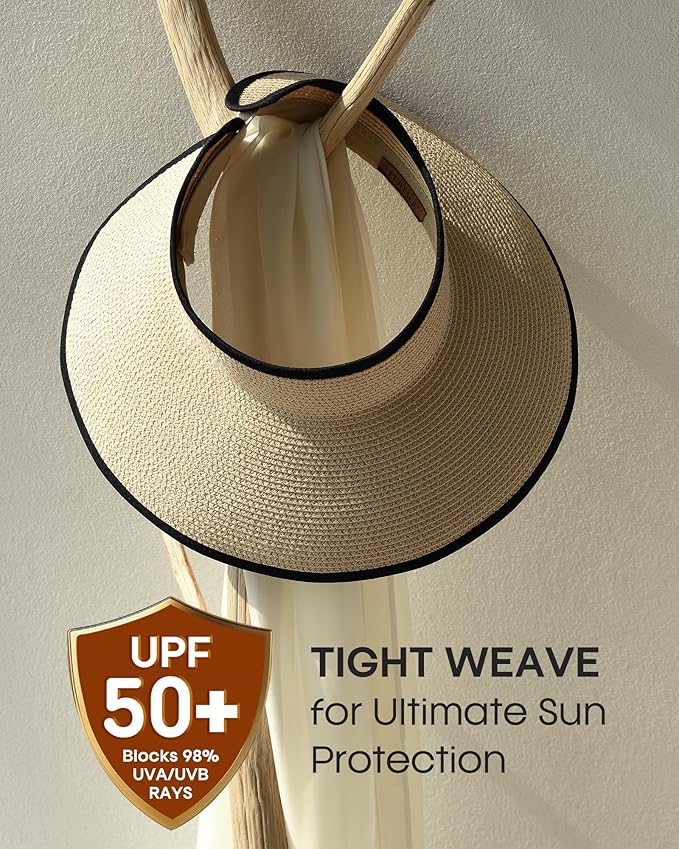 Womens Sun Visor Hats Wide Brim Straw Beach Hat UV Protection Ponytail Packable - Image 4