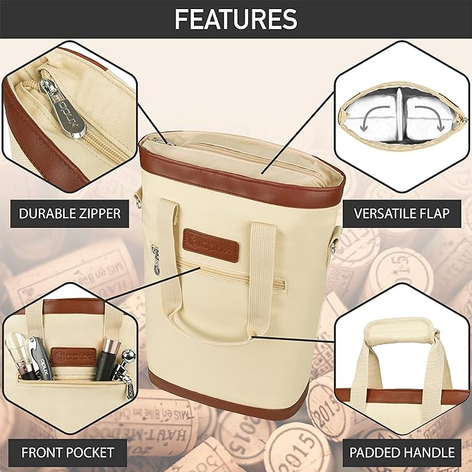 opux Two Bottle Wine Bag Carrier Tote, Insulated Leakproof 2 Bottle Wine Cooler - Image 5