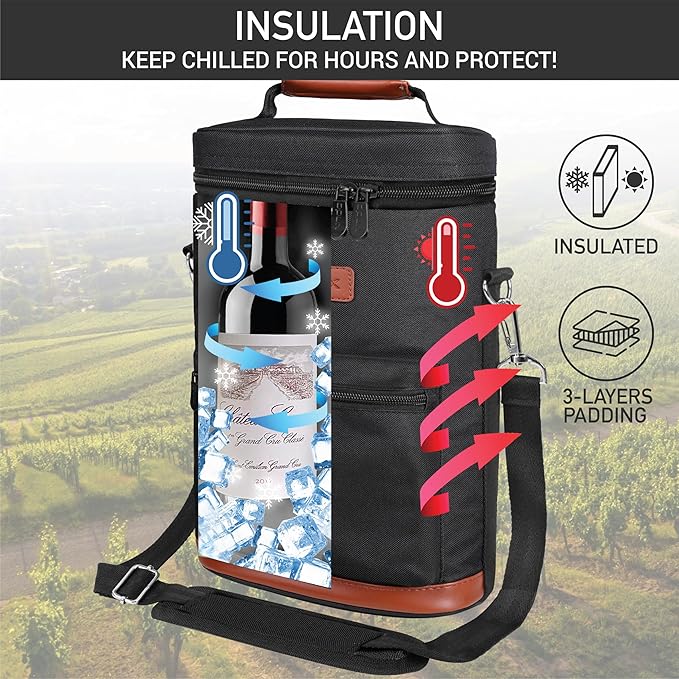 opux Wine Bag 2 Bottle Wine Tote Carrier, Insulated Wine Cooler Bag - Image 2