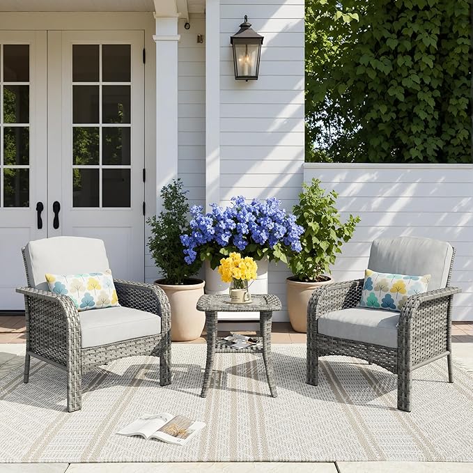 HOOOWOOO Patio Furniture Set, 3 Pieces Outdoor Conversation Set, All Weather by DesignforBetterLife