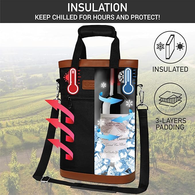 opux Two Bottle Wine Bag Carrier Tote, Insulated Leakproof 2 Bottle Wine Cooler - Image 3
