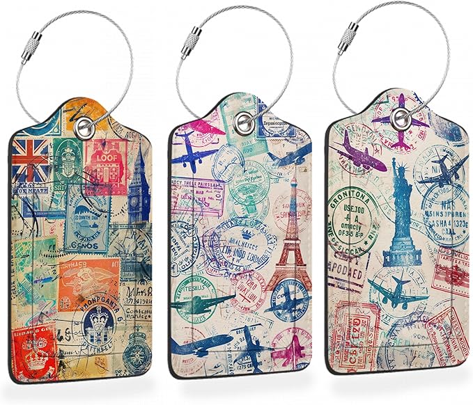 Retro Wanderlust Stamps 3 PCS PU Leather Luggage Tags by Losthll
