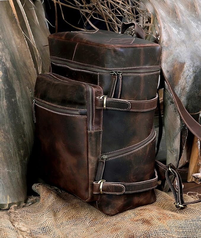 HLC Leather Brown Backpack For Men 17 Inch Genuine Laptop Backpack For Women - Image 3