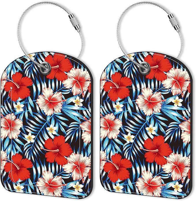 2 PCS Leather Luggage Tag for Suitcase Palm Leaves and Hibiscus Flower Travel by Unknown