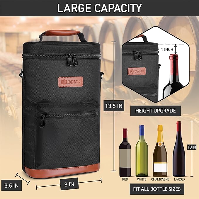 opux Wine Bag 2 Bottle Wine Tote Carrier, Insulated Wine Cooler Bag - Image 3
