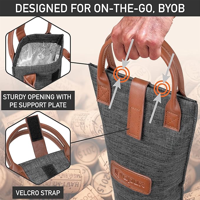opux Wine Bag Single Bottle Carrier Tote, Insulated Travel Wine Cooler Bag - Image 4