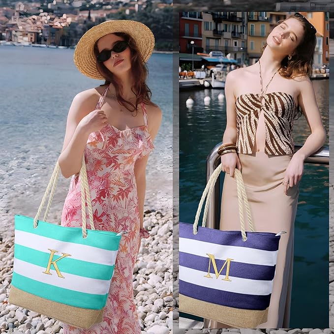 YOOLIFE Initial Canvas Waterproof Beach Tote Bag Zipper Personalized Gifts - Image 3