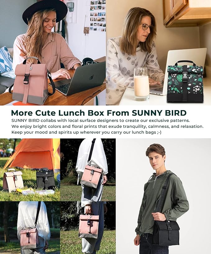 SUNNY BIRD Insulated Lunch Bag Rolltop Lunch Box Tote Bag - Image 6