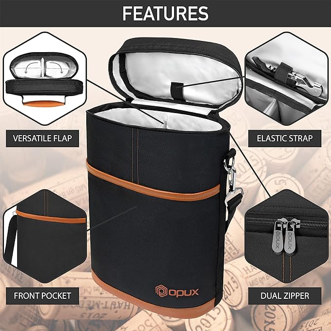 opux 2 Bottle Wine Carrier Tote, Insulated Leakproof Wine Cooler Bag, Wine - Image 4