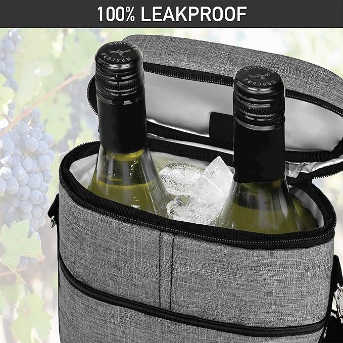 opux 2 Bottle Wine Carrier Tote, Insulated Leakproof Wine Cooler Bag, Wine - Image 5