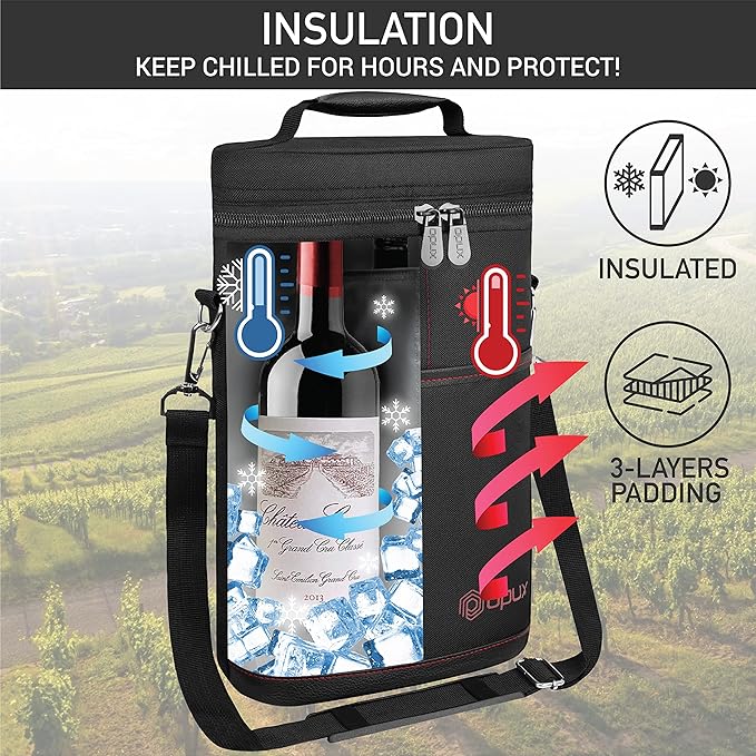 opux 2 Bottle Wine Carrier Tote, Insulated Leakproof Wine Cooler Bag, Wine - Image 2