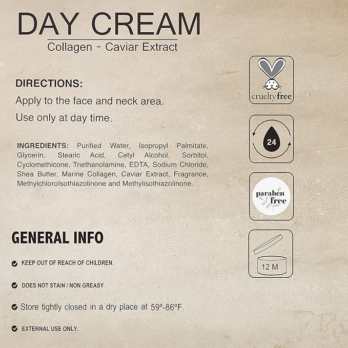 Day Cream with Collagen and Caviar Extract by Lawrens Cosmetics - Moisturizer - uv protector - Hydrates skin - 4oz