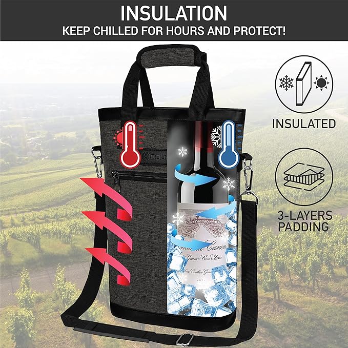 opux Two Bottle Wine Bag Carrier Tote, Insulated Leakproof 2 Bottle Wine Cooler - Image 3