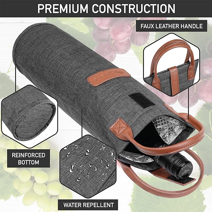 opux Wine Bag Single Bottle Carrier Tote, Insulated Travel Wine Cooler Bag - Image 5