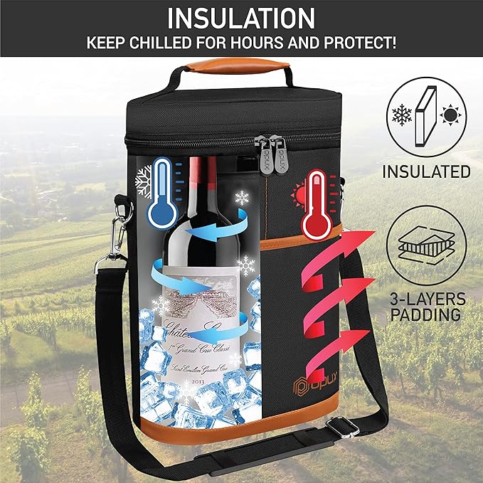 opux 2 Bottle Wine Carrier Tote, Insulated Leakproof Wine Cooler Bag, Wine - Image 2