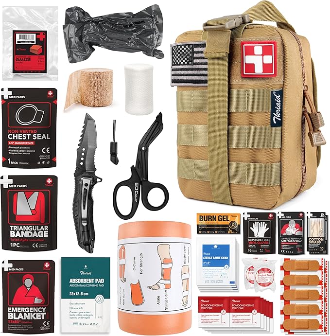 Survival First Aid Kit with Israeli Bandage, Chest Seal, Tactical Military by THRIAID