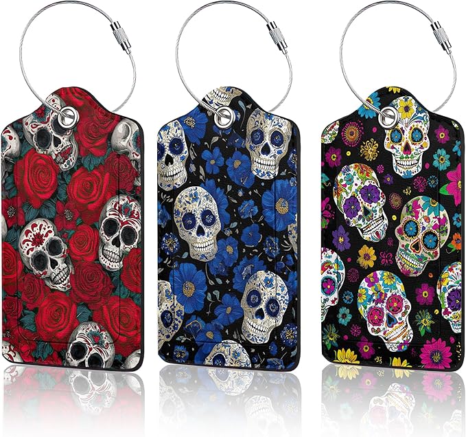 3 Pack PU Sugar Skull and Flowers Leahter Luggage Tag by Unknown
