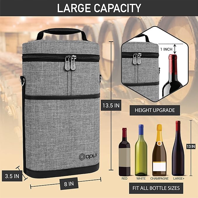 opux 2 Bottle Wine Carrier Tote, Insulated Leakproof Wine Cooler Bag, Wine - Image 3