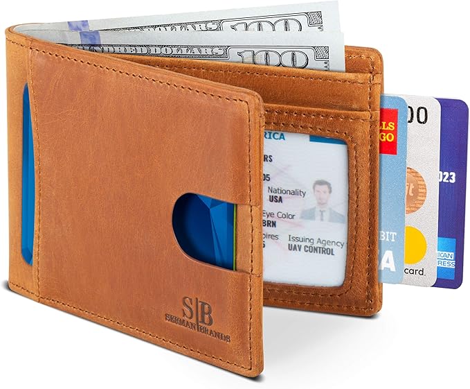 SERMAN BRANDS RFID Blocking Slim Bifold Genuine Leather Thin Minimalist Front by SERMANBRANDS