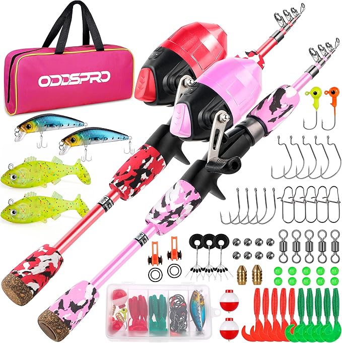 ODDSPRO Kids Fishing Pole Pink, Portable Telescopic Fishing Rod and Reel Combo by ODDSPRO