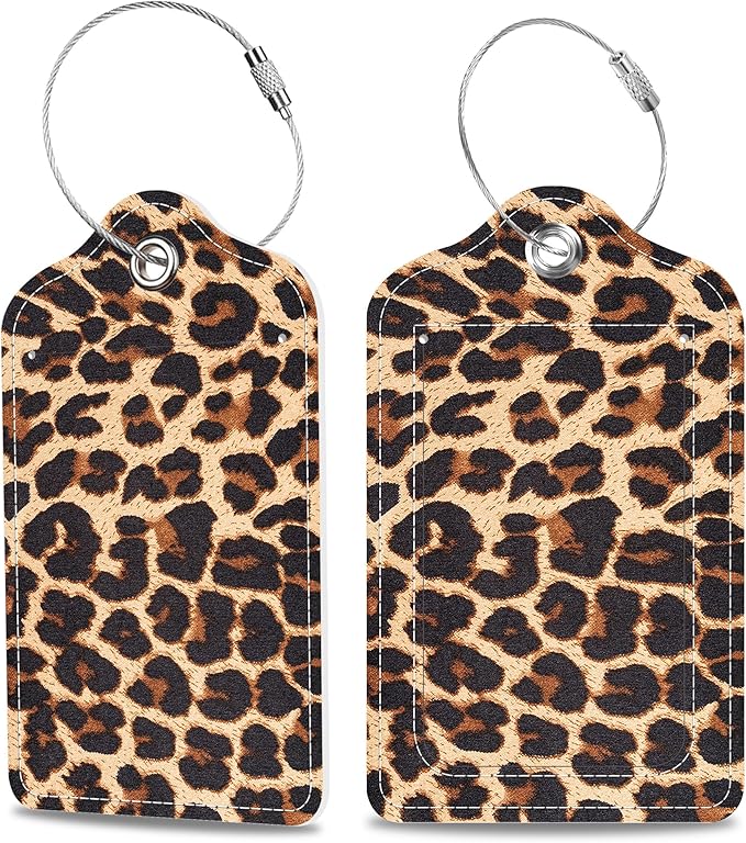 Set of 2 Luggage Tags Brown Leopard Texture Leather Suitcases Tag by MSEAANBK