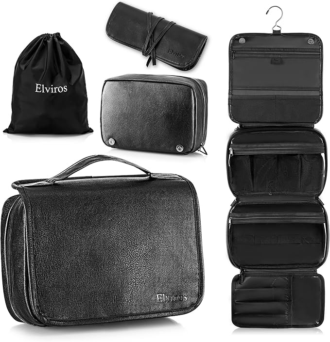 Elviros Hanging Toiletry Bag Removable Travel Bag PU leather Makeup Cosmetic by Elviros