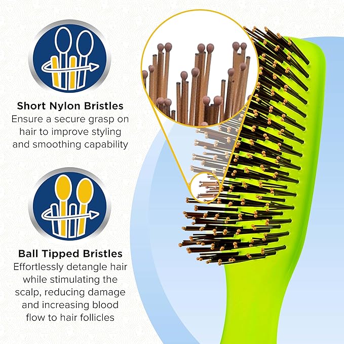 Giorgio GION2G Neon Green 6.25 inch Gentle Touch Detangler Hair Brush for Men Women & Kids. Soft Bristles for Sensitive Scalp. Wet & Dry for all Hair Types. Scalp Massager Brush Stimulate Hair Growth