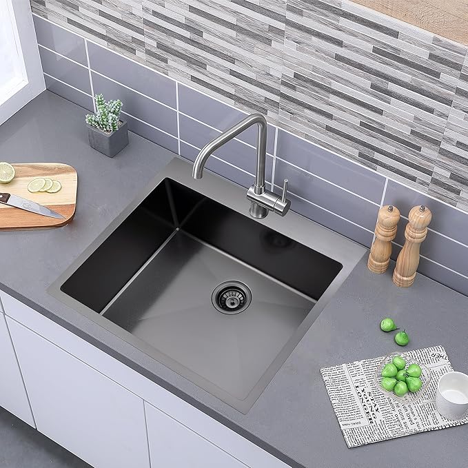 Comllen 25 x 22 Inch Drop In Black Kitchen Sink, Topmount 16 Gauge Stainless - Image 3