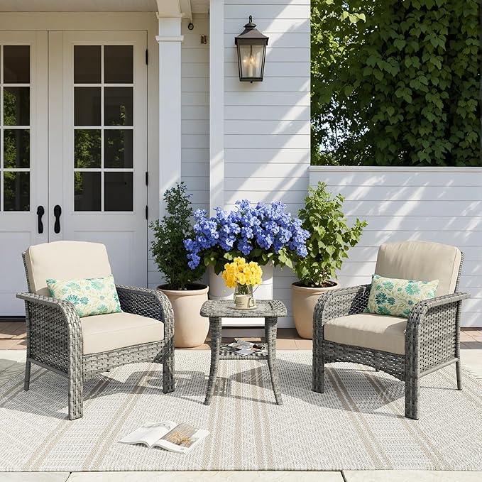 HOOOWOOO Patio Furniture Set, 3 Pieces Outdoor Conversation Set, All Weather by DesignforBetterLife