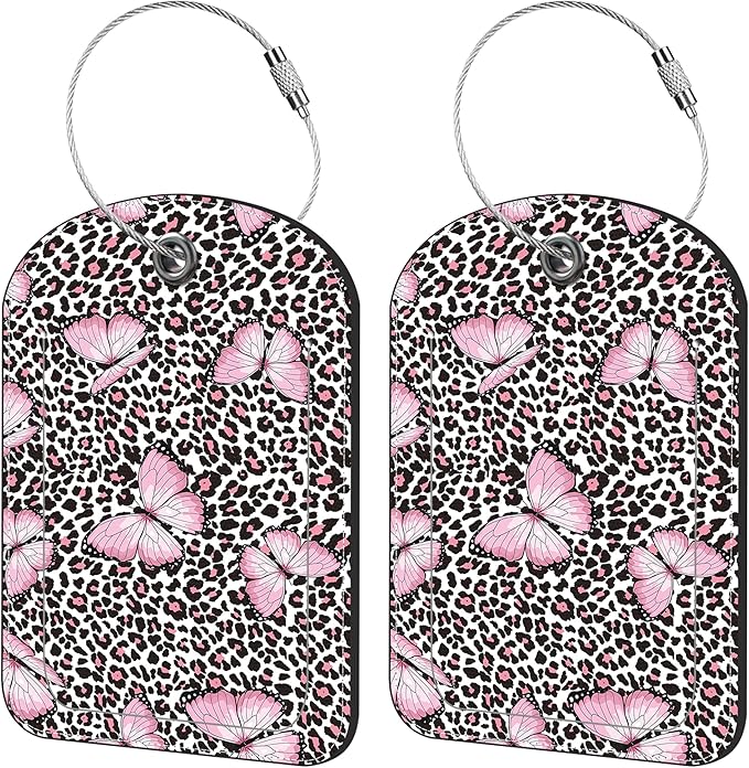 2 Pack Cute Luggage Tag for Suitcases Pink Butterfly and Leopard Leather by iapodiad