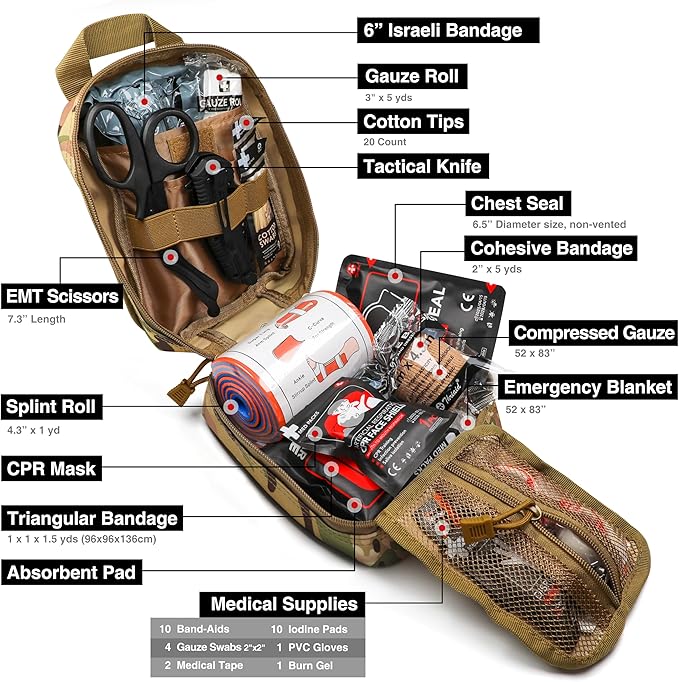 Survival First Aid Kit with Israeli Bandage, Chest Seal, Tactical Military - Image 4