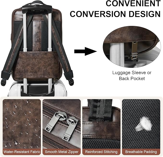 Vegan Leather Laptop Backpack for Women&Men, 16 Inch Expandable Backpack - Image 6