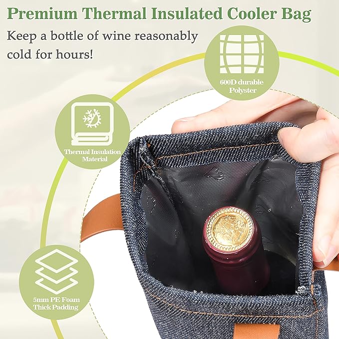 Tirrinia Single Wine Carrier Tote, Insulated Wine Cooler Bag - Image 3